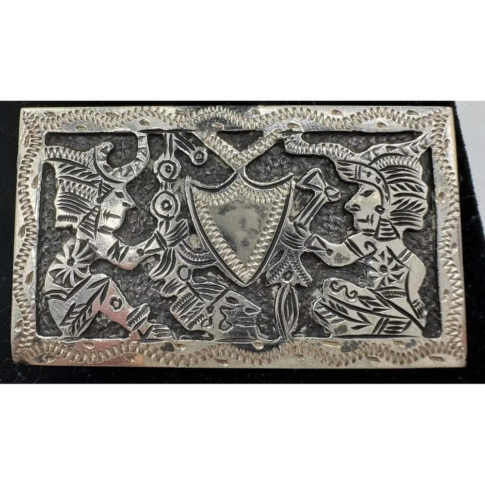 Vintage Mexico Sterling Silver Mayan Aztec Warrior Repousse Brooch Pin 925